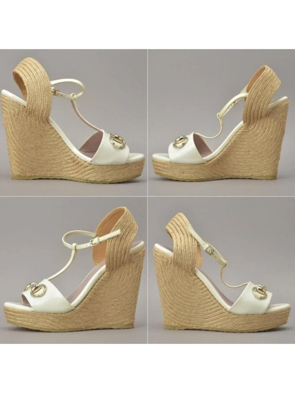 Gucci Horsebit Wedge Sole Sandals Enamel White 34